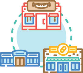 Fototapeta premium Retail store logo illustrating food product purchasing process, featuring grocery building, milk and cheese icons, and a shopping basket symbol