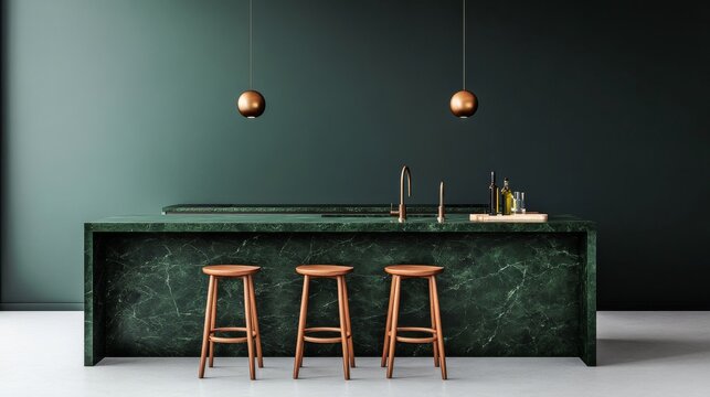 Elegant Kitchen Island Bar Featuring Dark green marble island bar walnut stools bronze lights mood