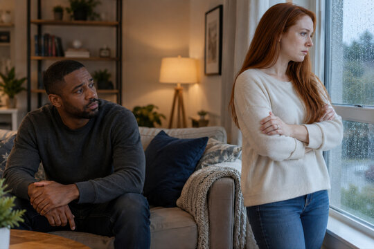 Regen und Reue im Wohnzimmer &ndash; Eine Frau steht mit verschr&auml;nkten Armen am regennassen Fenster, ihr Partner sitzt auf dem Sofa. Die Szene zeigt Spannungen und Schweigen in der Ehe.