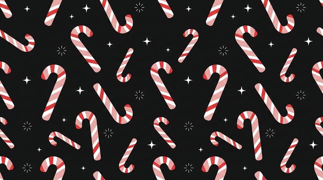 christmas Candy cane pattern with white stars on black background for holiday wrapping paper design