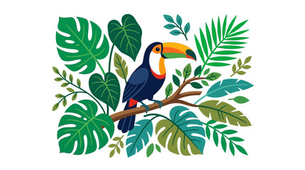 Fototapeta premium Colorful toucan bird sitting amidst lush green monstera leaves.