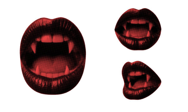 Set of red vampire lips halftone texture, artistic collage, element on transparent background