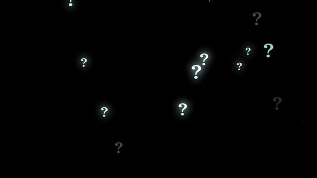 question mark symbols video overlay template on a black background. Suitable for uncertainty, confusion, FAQ, inquiry, quiz, education. 4K Resolution