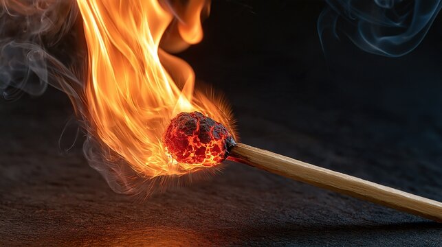 Burning match head with flame and smoke, Close-up extreme macro detail, Danger fire hazard caution element