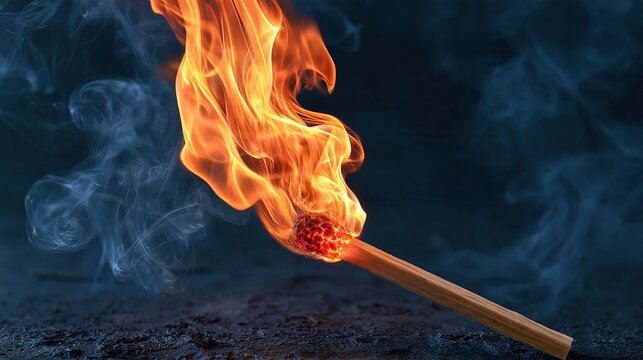 Burning matchstick with fire and smoke, Dark moody close up detail, Danger concept fire element