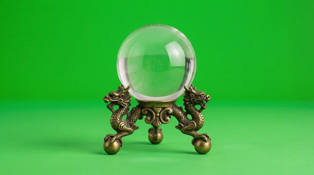 Mystical crystal ball on bronze dragon stand, clear glass sphere for fortune telling, magical divination orb on bright green screen background