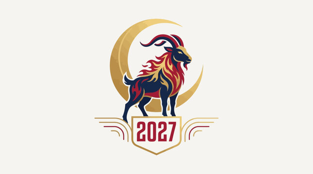 Modern goat mascot logo for 2027 Chinese new year with flame mane and crescent moon background