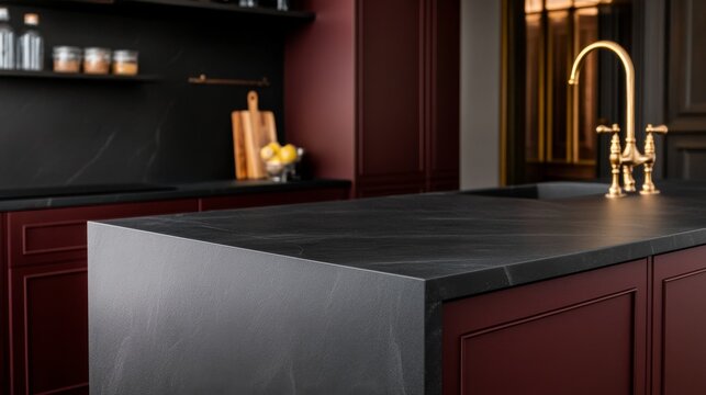 Refined Island Bar Design with Black stone island bar burgundy cabinetry bronze fixtures ric