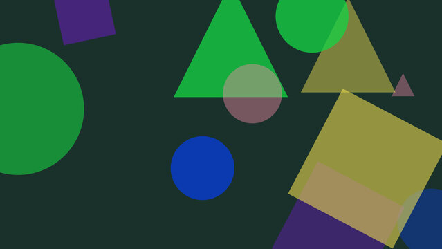 Geometric abstract background with colorful shapes, modern flat design composition with green triangles and blue circles, vibrant overlapping patterns