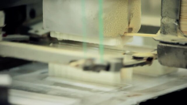 Popsicle production line closeup. Ice cream bars sticks moving factory machine.