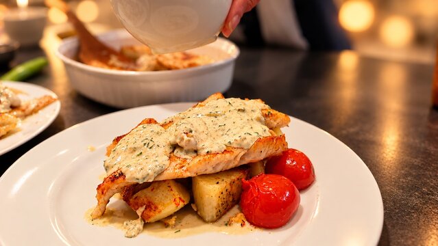 Grilled Salmon with Creamy Herb Sauce.
Grilled salmon topped with creamy herb sauce and served with roasted potatoes and tomatoes for an appetizing gourmet meal.