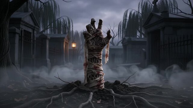 Scary Undead Mummy Hand Rising From Ground In Spooky Misty Graveyard