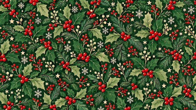christmas Holly berries and evergreen leaves pattern with snowflakes and stars on green background