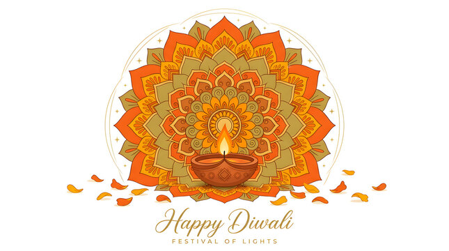 Happy diwali greeting card with a traditional lit oil lamp on a decorative gold mandala pattern