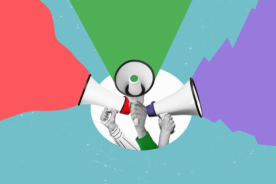 two hands holding a megaphone a isolated free color background. Concept of differing opinions.