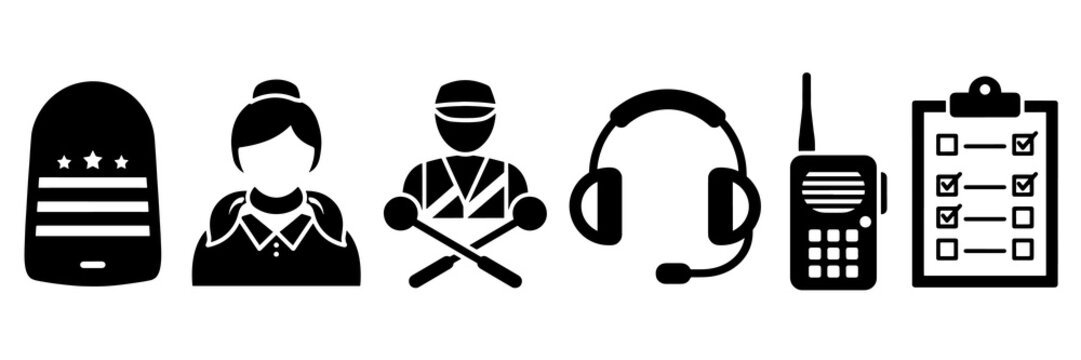 Black aviation icons set featuring staff equipment and flight symbols