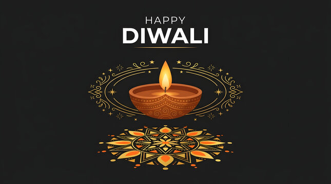 Happy diwali banner with a glowing diya oil lamp and golden mandala on a dark black background
