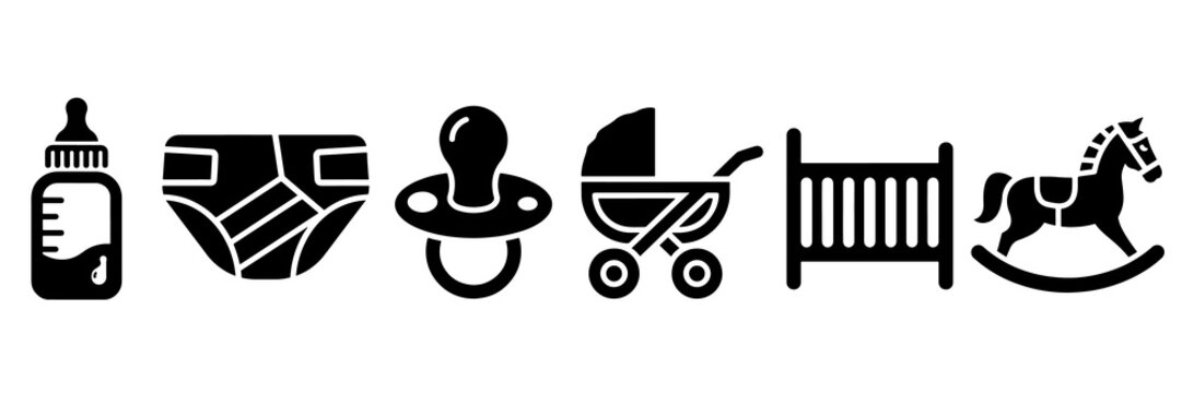 Black silhouette icons of infant accessories, toys, and care equipment