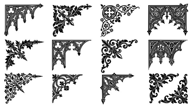 Gothic Corner Frame Ornaments Black Medieval Decorative Vector Collection
