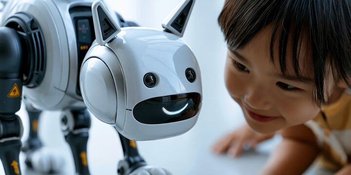 Cute child smiling at friendly robot with expressive eyes and playful design, soft lighting.