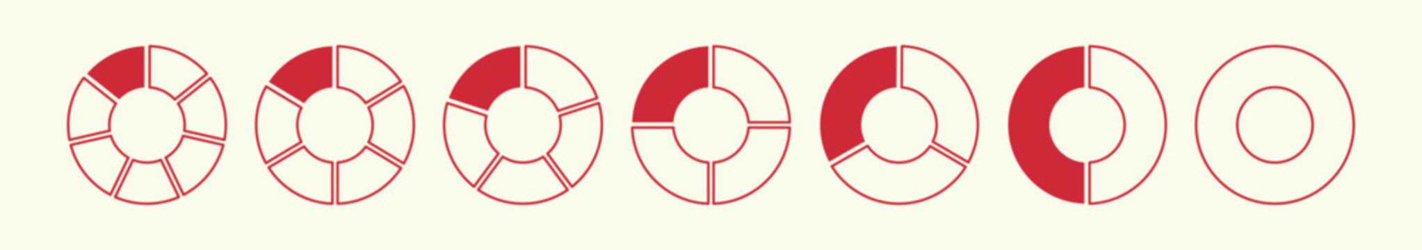 Circle red division on 1 2 3 4 5 6 7 equal parts. Coaching blank. Wheel round divided diagrams with one, two, three, four, five, six, seven segments.
