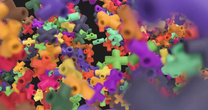 Colorful 3D cross-shaped objects fall and pile up in a dynamic animation. 4K resolution with alpha channel, ideal for abstract backgrounds, motion graphics, social media and creative video projects.