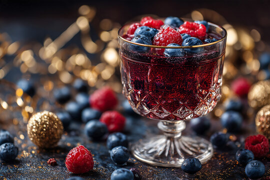 Elegant non-alcoholic sparkling berry drink in crystal glass, raspberries and blueberries, gold New Year decorations, dark luxury background, cinematic commercial beverage photography