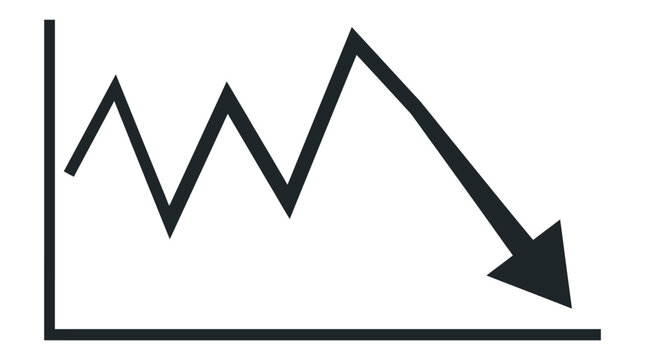 Financial chart declining with sharp peaks and a downward trend arrow in black vector illustration design