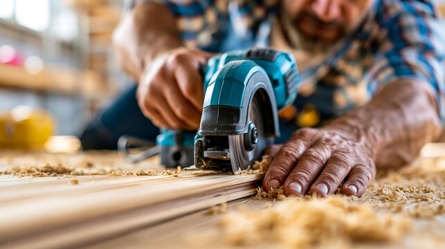 Close-up of carpenter using electric circular saw on wooden plank, hands guiding tool, wood.