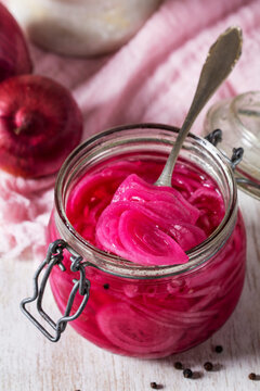 Pickled Red Onions in Glass Jar, Homemade Fermented Vegetable Preserves