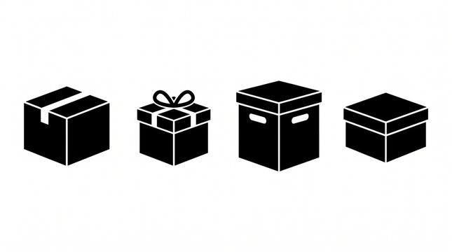 Set of four black gift boxes and shipping boxes on white background