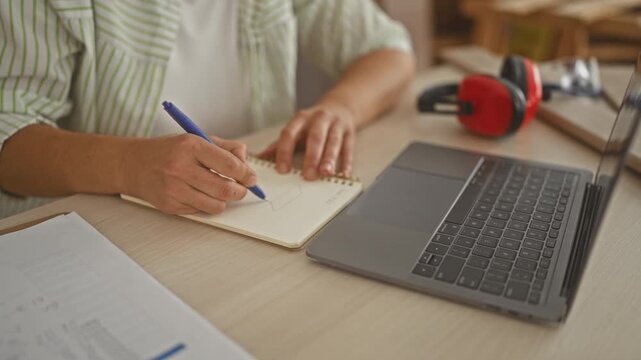 Woman carpenter writes with pen in spiral notebook beside laptop and red hearing protectors in studio; planning concentration.