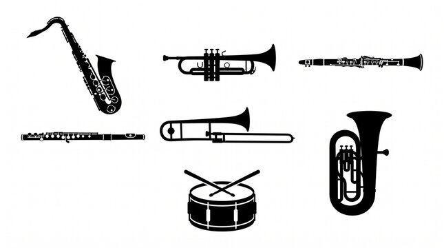 Collection of black silhouette musical instruments on white background