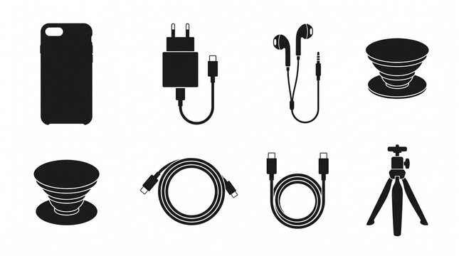 Collection of black smartphone accessories and gadgets on a white background