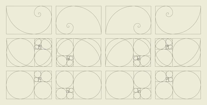 Golden ratio harmony proportions template. Horizontal Fibonacci numbers array set of 12 elements. Golden ratio used in design.