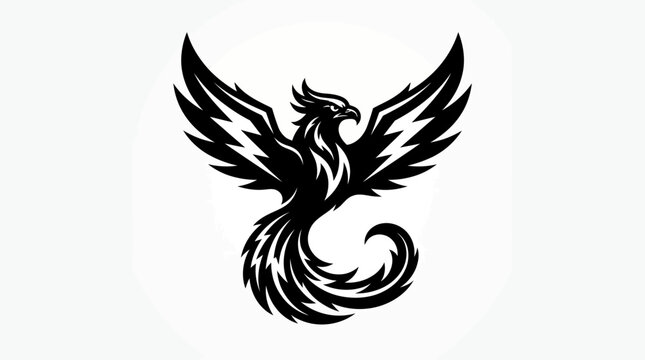 Phoenix bird vector illustration, presenting a majestic firebird with outstretched wings and a flowing tail, designed in a bold and stylized black and white graphic.
