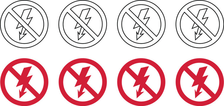 Blackout icons, no electricity symbols representing power outage safety warnings electrical hazards antistatic materials protection signs emergency alerts and precautions