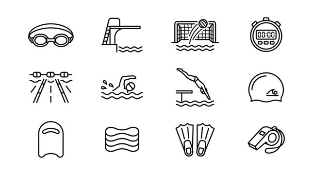 Swimming Icons Set with Goggles, Pool, Stopwatch, Swimsuit, and Diving Board. Linear Style Aquatic Sports Design Elements.
