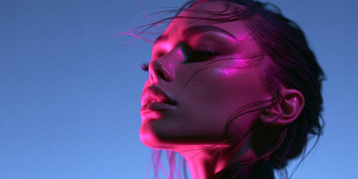 Close-up profile of a woman with swept hair and closed eyes illuminated by vivid magenta light against a clear blue background Expression of cinematic beauty