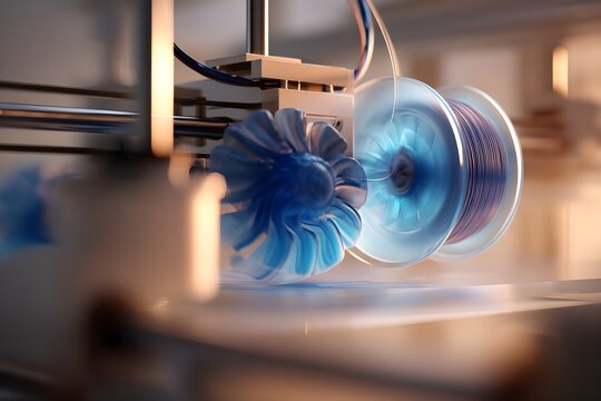 3D printer extruder and spinning filament spool creating blue spiral object