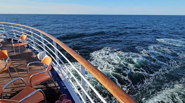 Cruise ship moves through open ocean waters. Sunlight glints on calm, deep blue sea. White waves ripple behind wooden rail. Orange chairs line deck edge. Clear sky above gentle sea breeze