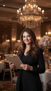 Professional Female Event Planner Holding Clipboard in Luxury Ballroom Venue