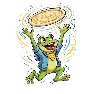 Cartoon frog chef tossing pizza dough illustration