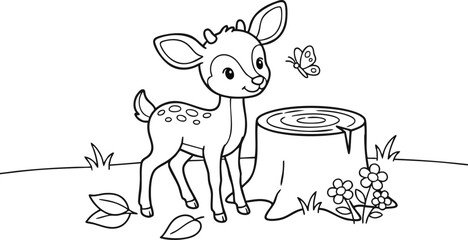 Fototapeta premium Cute little fawn standing beside a tree stump and looking at a butterfly in the forest, outlined black and white vector illustration for children coloring page