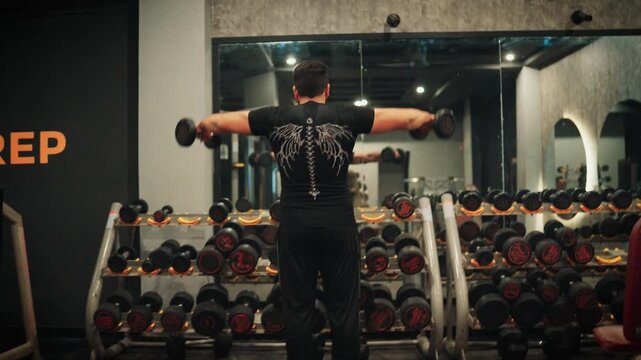 Muscular male bodybuilder executing standing dumbbell side lateral raises targeting shoulder deltoid muscles during an upper body workout session.