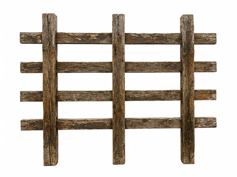 Rustic weathered wooden fence section isolated on white background