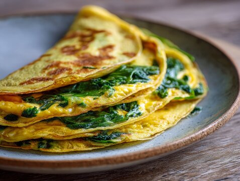 Folded omelette stuffed with fresh cooked spinach on plate