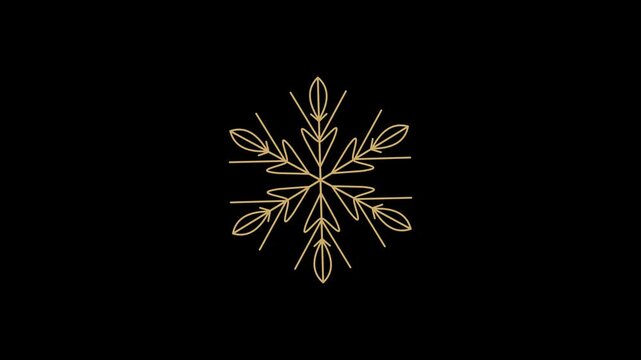 Gold snowflake animation seamless loop on dark background, minimalist Christmas line art motion graphic