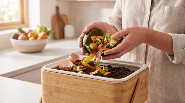 Sustainable Living Practices &ndash; A clean compost bin filled with fresh kitchen scraps, emphasizing sustainability