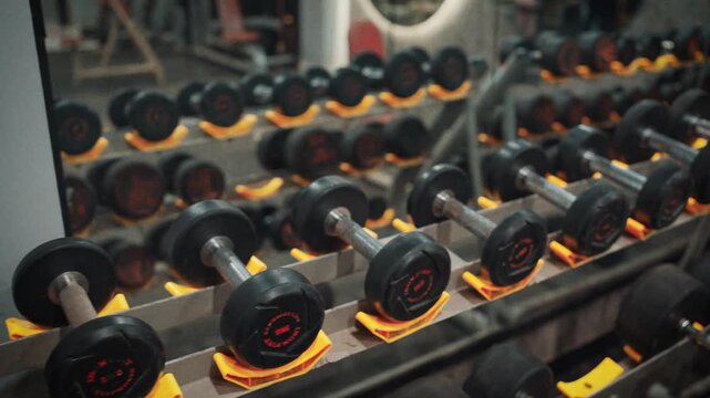 High quality interior shot of a gym free weight section featuring lined up dumbbells resting on yellow storage saddles.